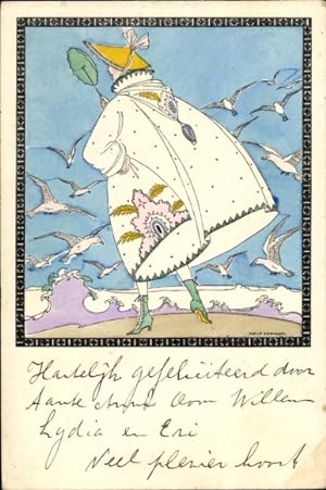 Künstler Ansichtskarte / Postkarte Köhler, Mela, Elegante Dame, Möwen