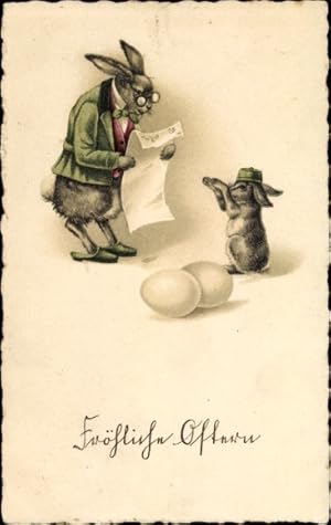 Ansichtskarte / Postkarte Glückwunsch Ostern, Hase liest einen Brief vor, Ostereier