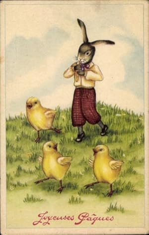 Ansichtskarte / Postkarte Glückwunsch Ostern, Vermenschlichter Hase, tanzende Küken