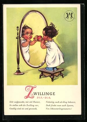 Bild des Verkufers fr Knstler-Ansichtskarte Charakterisierung des Sternzeichens Zwillinge, Ssses Kind vorm Spiegel zum Verkauf von Bartko-Reher