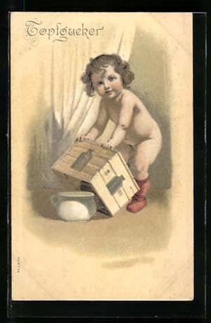 Ansichtskarte Junge versteckt Töpfchen unter einer Kiste
