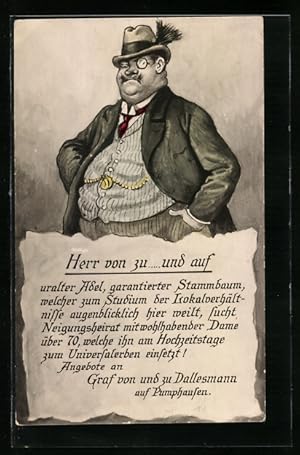 Ansichtskarte Heiratsanzeige von Graf von und zu Dallesmann aus Pumphausen, frauenfeindlicher Humor