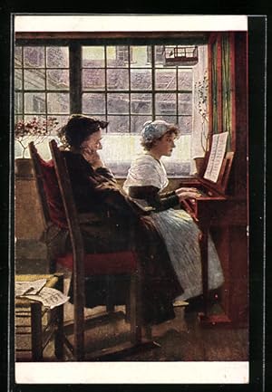 Seller image for Knstler-Ansichtskarte Ein Mdchen spielt am Klavier, der Lehrer hrt zu, Abendlied, W. Firle for sale by Bartko-Reher