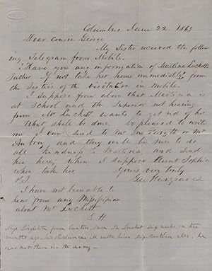 Seller image for 1863 Civil War era domestic letter regarding a response to a telegram sent by the "Sisters of the Visitation in Mobile, Alabama" to pick up Martina Luckett, daughter of Mr. Luckett for sale by Americana Books, ABAA
