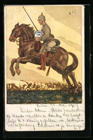 Ansichtskarte Deutscher Kavallerist zu Pferd mit Packung Leibniz-Keksen von Bahlsen