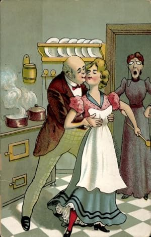 Ansichtskarte / Postkarte Humplmeier küsst, auh weh, Statt der Frau die Küchenfee, Ehepaar, Gesch...