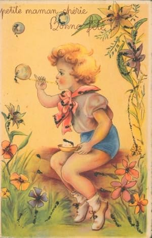 Glitzer Ansichtskarte / Postkarte Glückwunsch, Kind macht Seifenblasen, Blumen