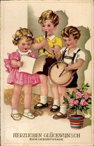Ansichtskarte / Postkarte Glückwunsch zum Geburtstag, Kinder musizieren und singen
