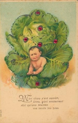 Präge Glitzer Ansichtskarte / Postkarte Weinendes Baby, Geburt, Kohl