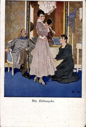 Künstler Ansichtskarte / Postkarte Wennerberg, Bruno, Die Liebesgabe, Soldat, Frau bei der Kleide...