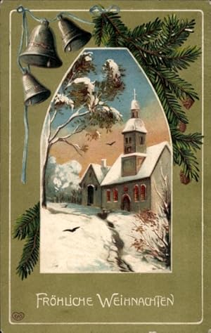 Präge Ansichtskarte / Postkarte Frohe Weihnachten, Kirche im Schnee, Tannenzweig, Glocken