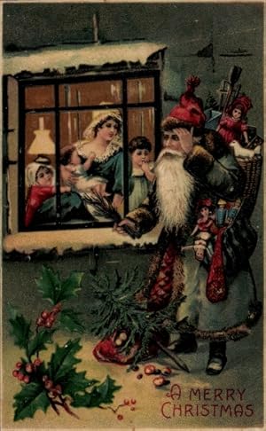 Präge Ansichtskarte / Postkarte Glückwunsch Weihnachten, Weihnachtsmann mit Genschenken und Rute ...