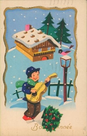 Ansichtskarte / Postkarte Glückwunsch Neujahr, Junge spielt Gitarre, Haus, Stechpalme