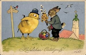 Künstler Ansichtskarte / Postkarte Baumgarten, Fritz, Glückwunsch Ostern, Vermenschlichter Hase u...