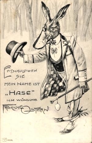 Ansichtskarte / Postkarte Glückwunsch Ostern, Vermenschlichter Hase mit Monokel und Hut