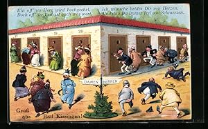 Künstler-Ansichtskarte Gruss aus Bad Kissingen, Kurgäste eilen auf die Toiletten