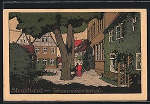 Steindruck-Ansichtskarte Stralsund, Ansicht Johannisklosterhof