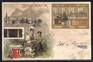 Lithographie Schwyz, Kakao Suchard, Ortsansicht, Mutter in Tracht mit ihren Kindern, Wappen