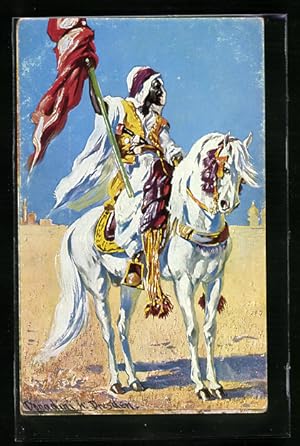 Bild des Verkufers fr Knstler-Ansichtskarte Ermenegildo Carlo Donadini: Araber mit Flagge auf einem Pferd zum Verkauf von Bartko-Reher