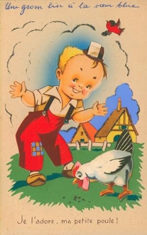 Glitzer Ansichtskarte / Postkarte Junge füttert Hühner, Bauernhof, Vogel