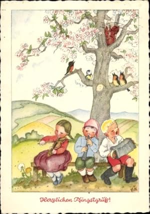 Künstler Ansichtskarte / Postkarte Glückwunsch Pfingsten, Musizierende Kinder, Singende Vögel