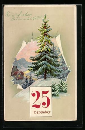 Künstler-Ansichtskarte Verschneiter Tannenbaum steht zu Weihnachten im Wald