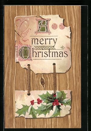 Präge-Ansichtskarte Weihnachtsgruss mit Stechpalmen angehangen an einer Tür