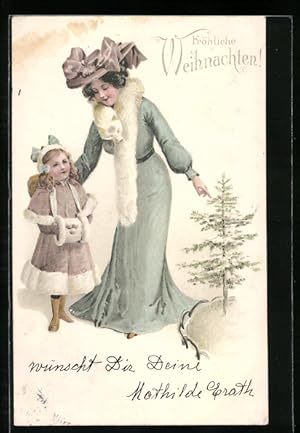 Präge-Ansichtskarte Mutter und Kind zu Weihnachten beim Tannenbaum suchen
