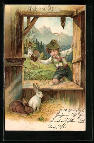 Lithographie Fröhliche Ostern, schweizer Bub und Kaninchen