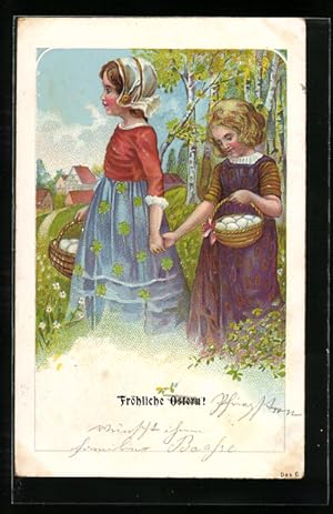 Präge-Ansichtskarte Junge Mädchen Hand in Hand zu Ostern bei der Eiersuche