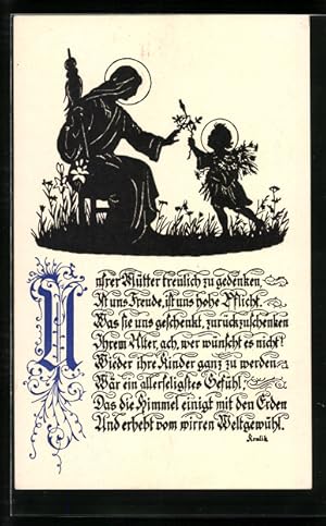 Ansichtskarte Scherenschnitt des heiligen Kindes, welches seiner Mutter Blumen pflückt