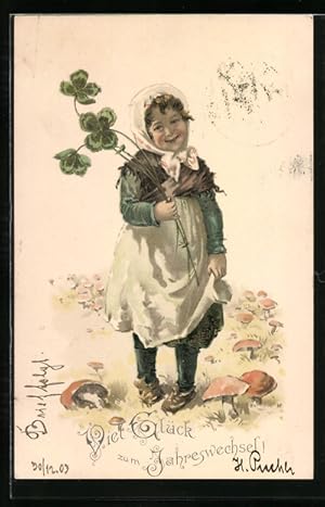 Künstler-Ansichtskarte Neujahr, bäuerliches Mädchen mit Klee in der Hand
