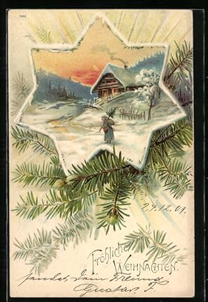 Ansichtskarte Fröhliche Weihnachten, Weihnachtsmann mit Tannenbaum auf den Weg zum verschneiten Haus