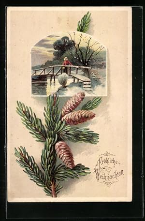 Präge-Ansichtskarte Frau zu Weihnachten an einer Brücke am See