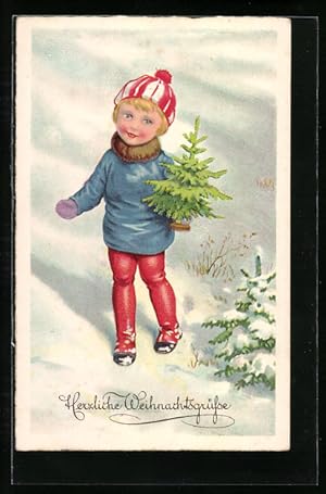 Künstler-Ansichtskarte Kind zu Weihnachten mit kleinem Tannenbaumspielzeug im Schnee