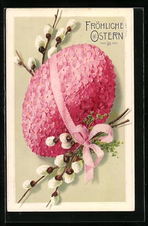 Präge-Ansichtskarte Ostern, Osterei aus rosanen Blüten mit Weidenkätzchen und Schleife