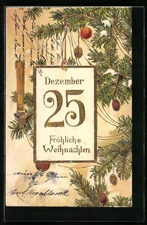 Präge-Ansichtskarte Geschmückter Tannenbaum stimmt Weihnachten an