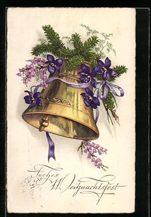 Künstler-Ansichtskarte Glocke mit Veilchen läutet an Weihnachten