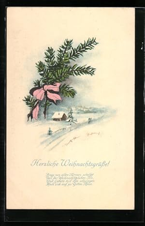 Künstler-Ansichtskarte Grosser Tannenzweig an Weihnachten über einer verschneiten Hütte