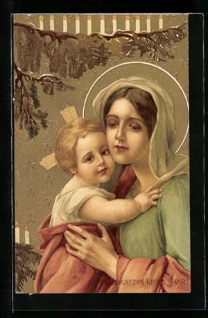 Künstler-Ansichtskarte Maria hält zu Neujahr Jesus im Arm