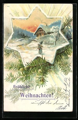 Künstler-Ansichtskarte Weihnachtsmann mit Tannenbaum und blauem Mantel im Schnee