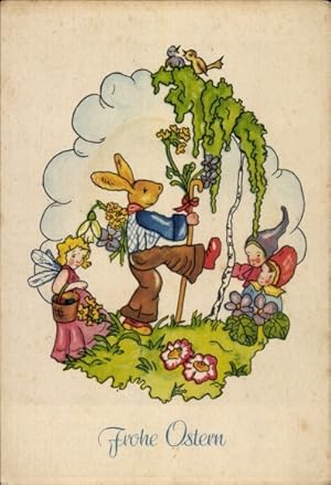 Ansichtskarte / Postkarte Glückwunsch Ostern, Osterhase, Blumen, Kinder