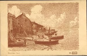 Künstler Ansichtskarte / Postkarte Ortsansicht, Boote am Ufer