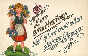 Glitzer Ansichtskarte / Postkarte Glückwunsch Muttertag, Mädchen mit Blumenstrauß