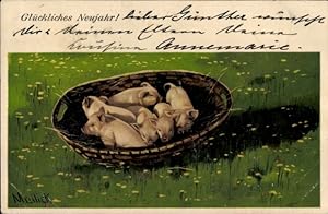 Künstler Ansichtskarte / Postkarte Mailick, Fröhliches Neujahr, junge Schweine in einem Korb