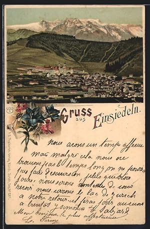 Lithographie Einsiedeln, Ortsansicht mit Stiftsgelände gegen die Berge