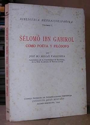 Imagen del vendedor de SELOMO IBN GABIROL, COMO POETA Y FILOSOFO a la venta por LLIBRES del SENDERI
