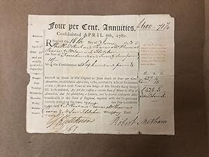 Four per Cent Annuities, Consolidated April 6th, 1780 [inscribed stock receipt for £600, dated 18...