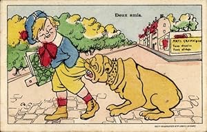 Bild des Verkufers fr Knstler Ansichtskarte / Postkarte Zwei Freunde, Hund beit Jungen in den Po zum Verkauf von akpool GmbH