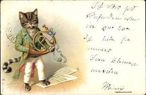 Litho Katze spielt Musikinstrument, Posthorn